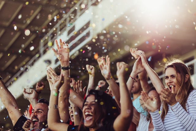 Fans celebrating at a soccer match